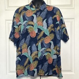 Campia Moda Hawaiian Shirt Mens XL Blue Tropical Camp Aloha Button Up Pineapples